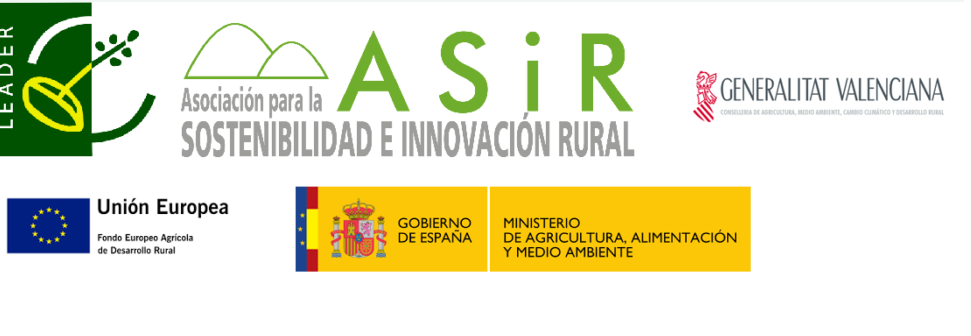 Logos de ASiR, Generalitat Valenciana y Unión Europea en apoyo a la sostenibilidad rural.